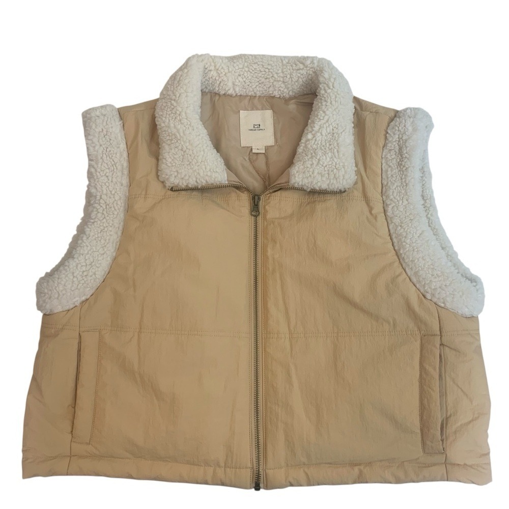 Thread +Supply Woman Lg Tan/Cream Puffer Cabincore Neutral Sherpa-Lined Vest